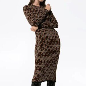 Fendi brand brown fabric printed checkered knitted dress